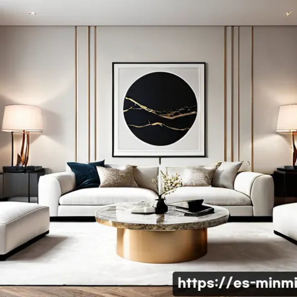 미니멀 럭셔리 아트워크 선택법 - A sophisticated minimalist living room featuring a large abstract wall art piece dominated by white ...