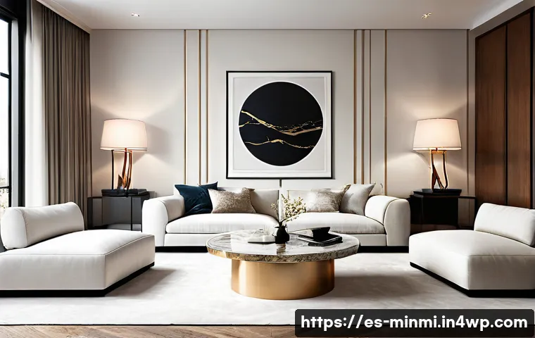 미니멀 럭셔리 아트워크 선택법 - A sophisticated minimalist living room featuring a large abstract wall art piece dominated by white ...
