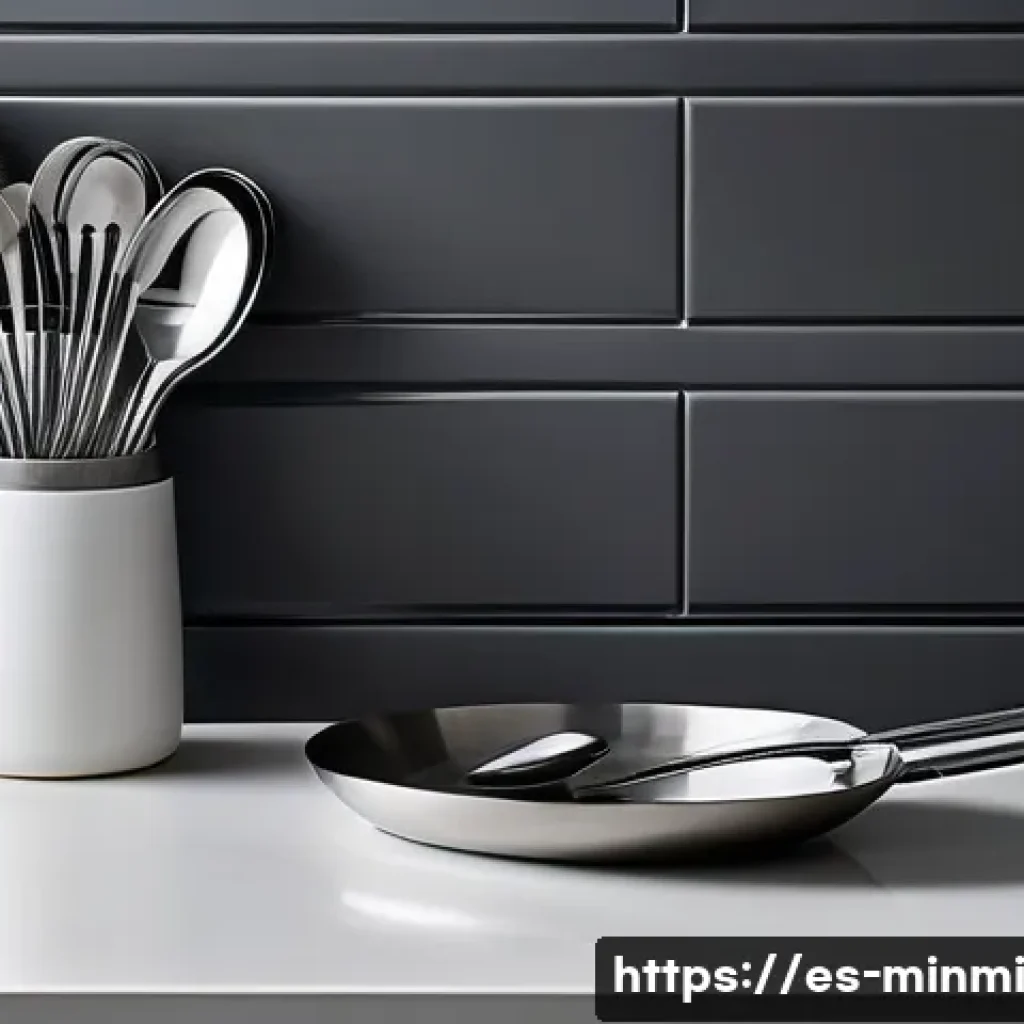 미니멀 럭셔리 주방용품 리스트 - A sleek, modern minimalist kitchen scene showcasing premium stainless steel utensils with polished, ...