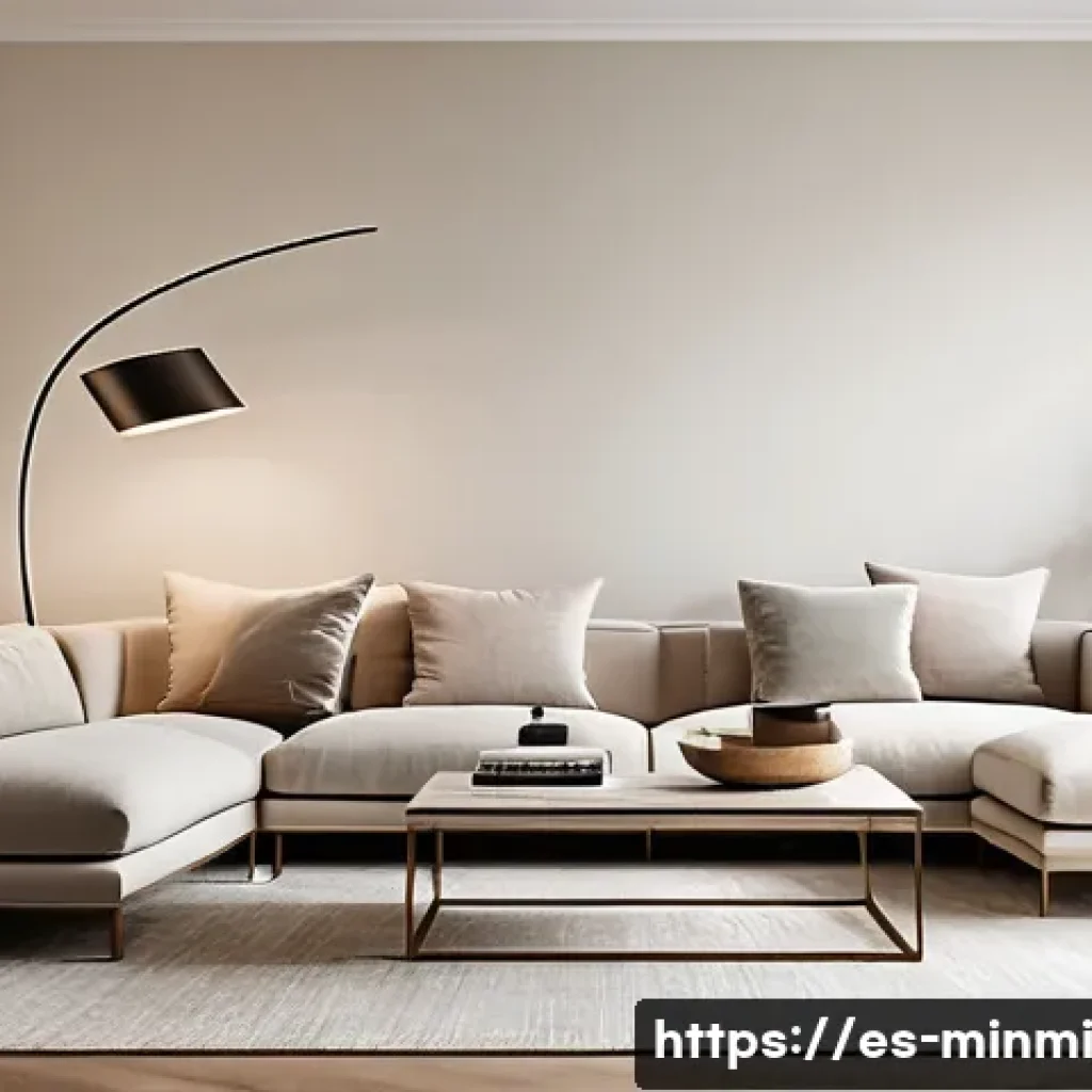 미니멀 럭셔리 경험을 위한 가이드 - A serene minimalist living room bathed in natural light, featuring a sleek sofa with clean lines uph...