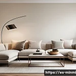 Home 21 미니멀 럭셔리 경험을 위한 가이드 - A serene minimalist living room bathed in natural light, featuring a sleek sofa with clean lines uph...