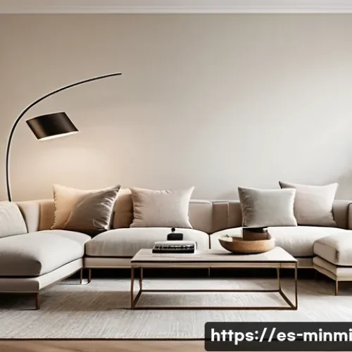 Home 33 미니멀 럭셔리 경험을 위한 가이드 - A serene minimalist living room bathed in natural light, featuring a sleek sofa with clean lines uph...