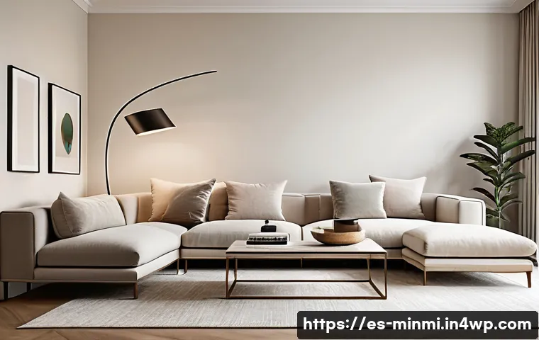 미니멀 럭셔리 경험을 위한 가이드 - A serene minimalist living room bathed in natural light, featuring a sleek sofa with clean lines uph...