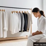 Home 19 미니멀 럭셔리와 개인의 가치관 - A stylish minimalist wardrobe scene featuring a person thoughtfully selecting a single high-quality,...