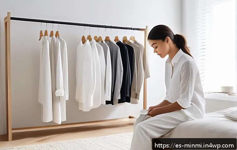 미니멀 럭셔리와 개인의 가치관 - A stylish minimalist wardrobe scene featuring a person thoughtfully selecting a single high-quality,...