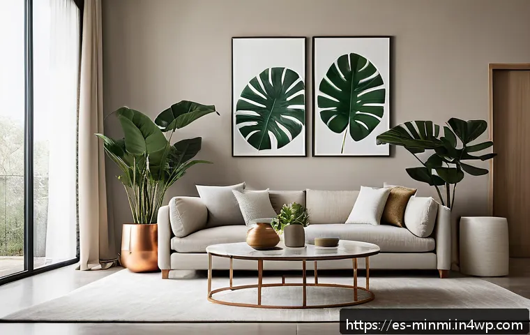 미니멀 럭셔리의 시각적 요소 분석 - A luxurious minimalist living room interior featuring a neutral color palette of off-white, soft bei...